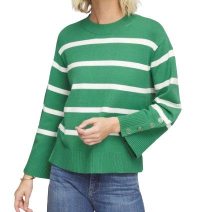 Chico’s Striped Button Sleeve Crewneck Pullover Sweater