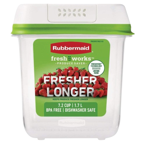 Rubbermaid FreshWorks produce saver container with green vented lid and built-in elevated tray, labeled 7.2 cup capacity, designed to keep strawberries and other produce fresher longer.