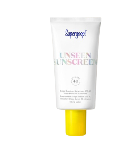 Supergoop! Unseen Sunscreen SPF 40 in a white tube with bright yellow cap, shown with a clear gel-texture swatch behind it, broad spectrum sunscreen with invisible, primer-like finish.