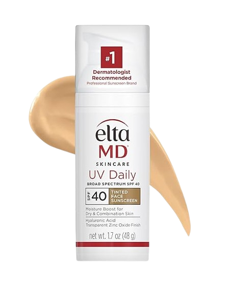 EltaMD UV Daily Tinted Face Sunscreen SPF 40 in white pump bottle with beige tinted swatch behind it, lightweight broad spectrum sunscreen formulated with hyaluronic acid for dry and combination skin.