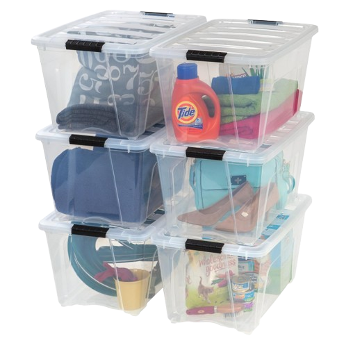 Set of clear IRIS USA stackable storage bins with black latching lids, filled with household items like towels, shoes, and cleaning supplies for visible, organized storage.