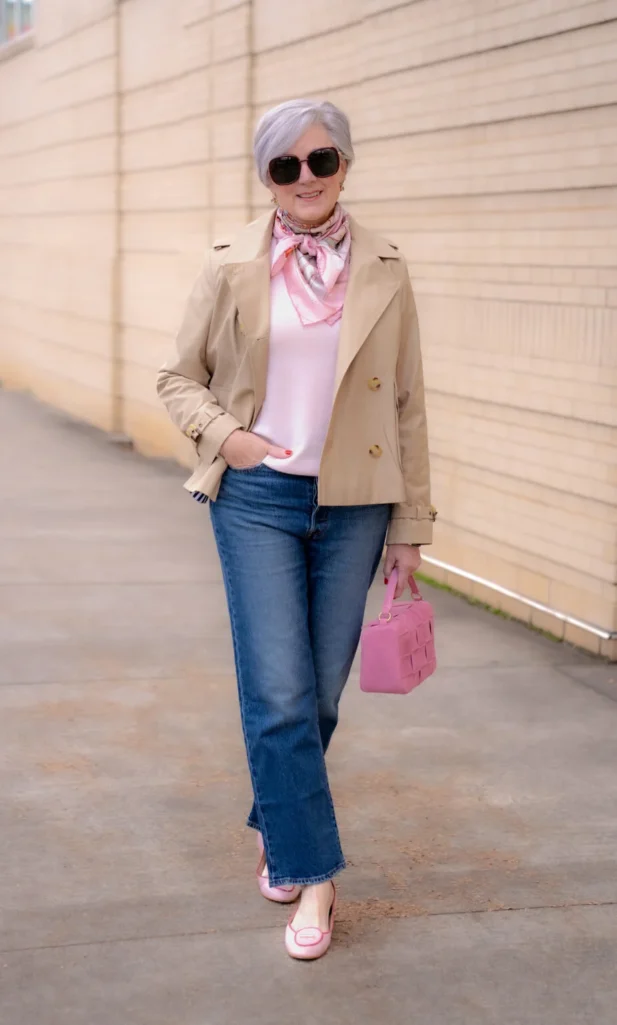 Woman over 50 with silver hair wearing khaki cropped trench coat over soft pink satin top with pink floral silk scarf tied at neck, medium wash straight-leg jeans, pink ballet flats, pink woven box bag, and oversized sunglasses