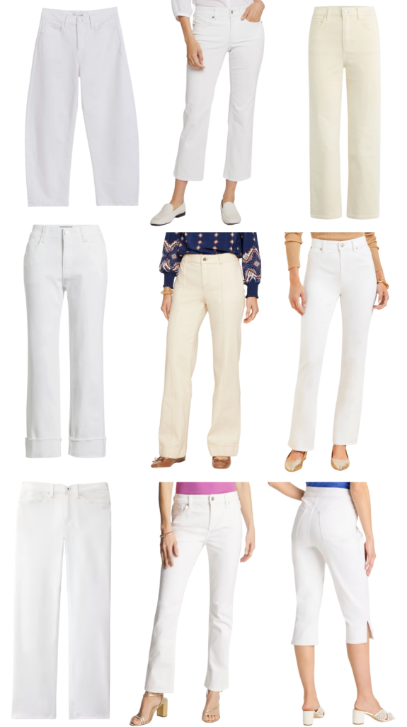 Shoppable collage collection of women's white denim pants