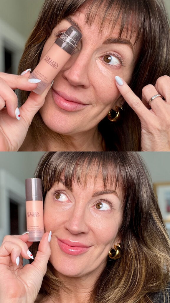Two-panel collage showing Colleen Rothschild Illuminating Tinted Eye Cream — top image showing application under the eye with fingertip while holding pump bottle close to face, bottom image showing the finished brightened under-eye result, white nails with red cherry nail art, gold bubble hoop earrings in both panels