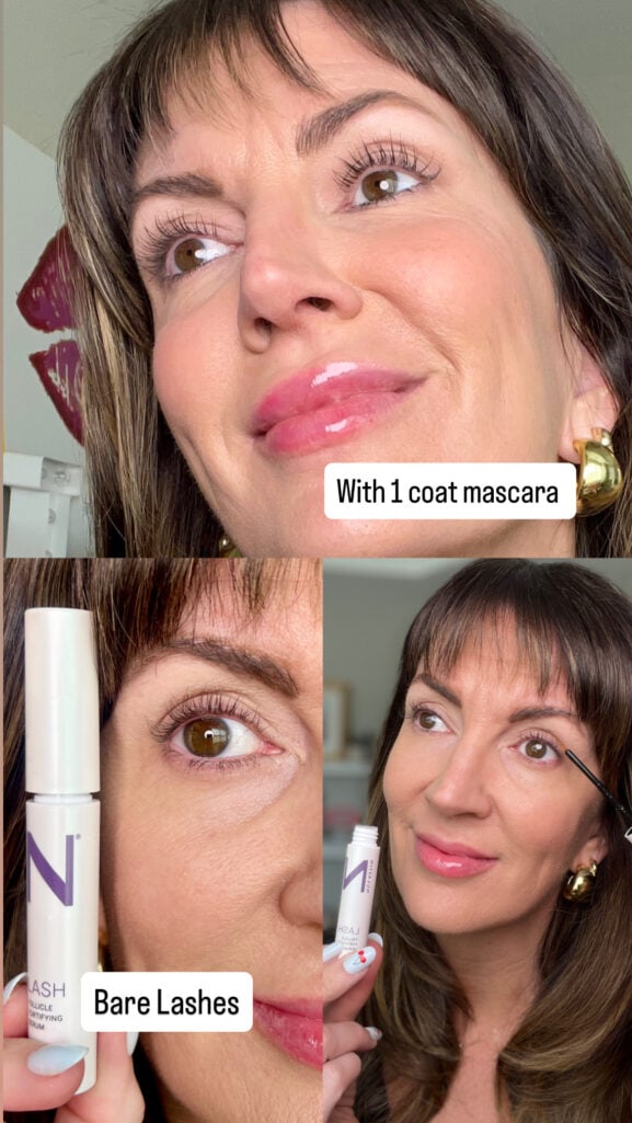 Three-panel collage showing Nulastin Lash Follicle Fortifying Serum results — top panel showing dramatically long defined lashes with one coat of mascara, bottom left showing natural bare lashes beside the Nulastin tube, bottom right showing serum wand application, gold bubble earrings visible across all panels