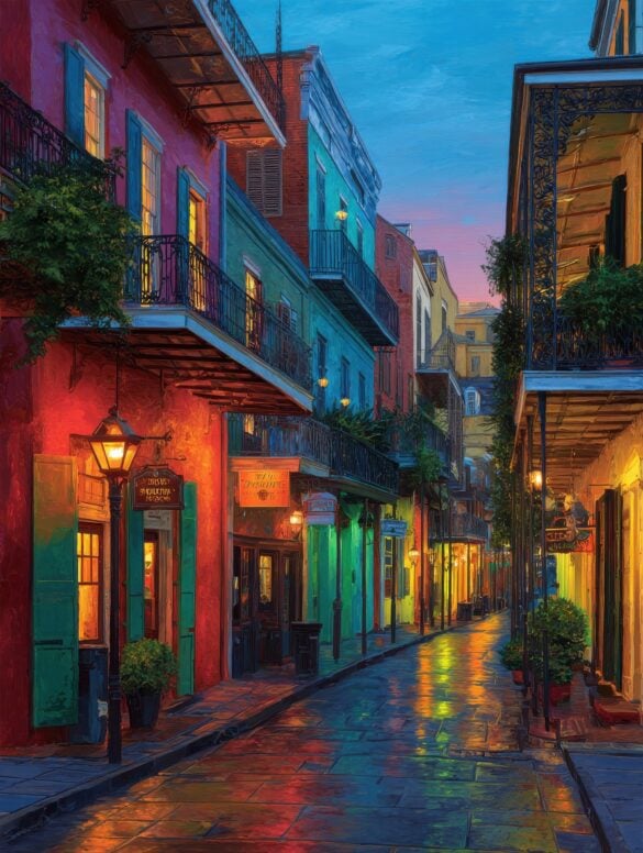 A vibrant impressionist-style oil painting of a French Quarter street in New Orleans at twilight, featuring vividly colored row buildings in red, teal, green, and yellow with wrought-iron balconies draped in ivy, glowing gas lanterns illuminating the storefronts, and a wet cobblestone street reflecting the warm light against a soft pink and blue dusk sky