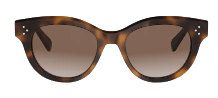 Round sunglasses with a slim dark frame, tinted lenses, and small gold-tone dot accents at the temples, shown from the front.