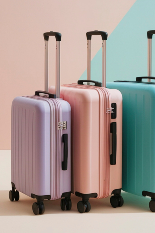 Set of colorful hard-shell carry-on suitcases in pastel lavender, blush pink, and teal with telescoping handles, styled against a soft, modern backdrop.