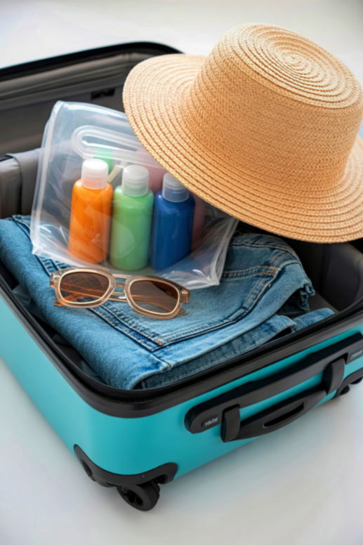 Open suitcase packed for warm-weather travel with folded denim, a straw sun hat, sunglasses, and a clear toiletry bag holding colorful bottles of travel-size liquids.