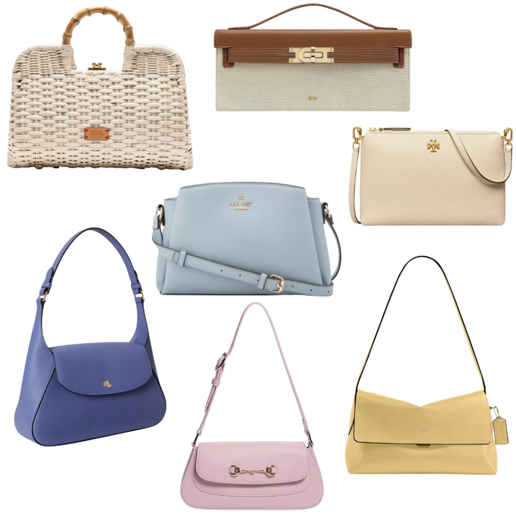 Collage of seven spring handbags for women over 50, including a white woven rattan tote with bamboo handles, a tan and canvas structured Kelly-style clutch, a cream Tory Burch crossbody with gold logo hardware, a periwinkle blue shoulder bag, a pale blue Nine West crossbody, a blush pink horsebit shoulder bag, and a butter yellow Coach hobo bag — a range of Easter bag options in neutrals and spring pastels.