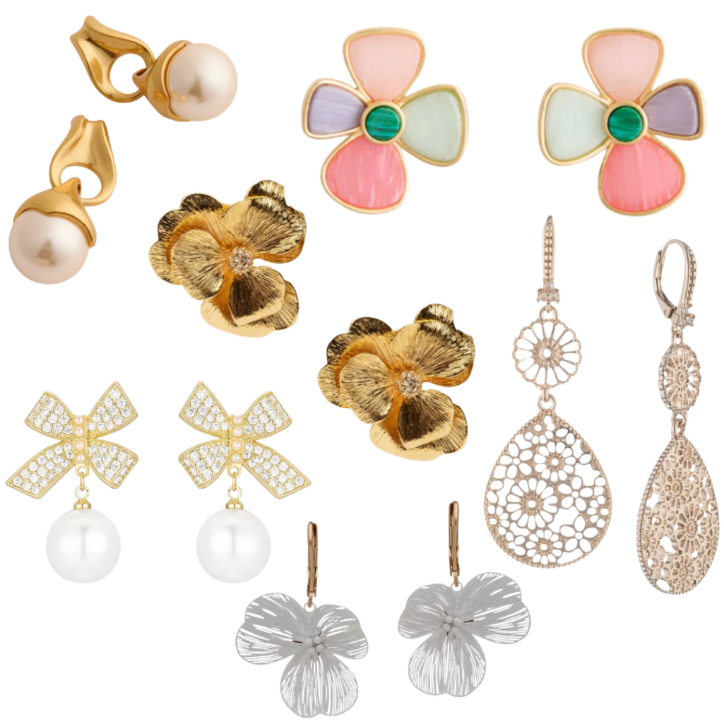 Collage of eight pairs of statement earrings for Easter and spring, including gold pearl drop earrings with a sculptural curl setting, multicolor pastel flower stud earrings in pink, lavender, mint, and green, a warmer-toned version of the same floral stud, gold textured flower studs, crystal and pearl bow drop earrings with large pearl drops, rose gold double teardrop filigree earrings, silver teardrop filigree drops, and silver brushed flower drop earrings — a mix of pearls, florals, and metallics ideal for Easter over 50.