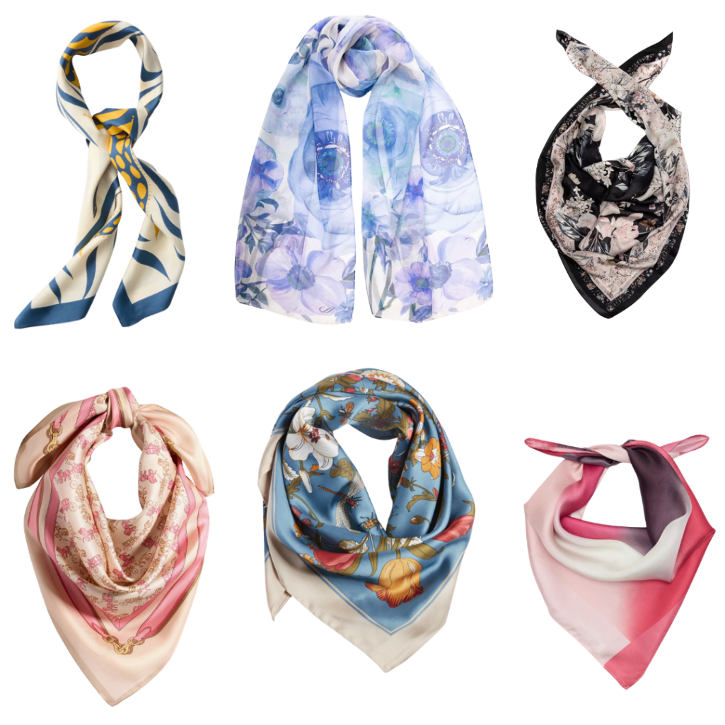 Collage of six silk scarves for spring, including a navy and ivory abstract print skinny scarf tied at the neck, a large lavender and blue watercolor floral oblong scarf, a black and blush floral print square scarf tied as a bandana, a pink equestrian-print square scarf, a teal and cream botanical floral square scarf, and a pink ombré gradient square scarf — versatile spring scarves that work worn at the neck, tied to a bag, or as a hair accessory.