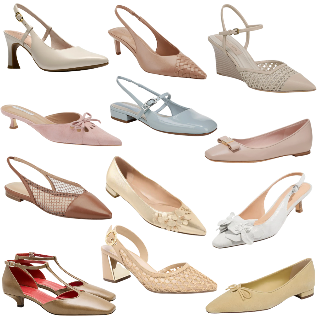 Collage of twelve spring shoes for women over 50 in Easter-ready colors and silhouettes, including a white mid-heel slingback pump, a blush woven pointed-toe slingback kitten heel, a neutral wedge slingback with woven detail, a pink bow pointed-toe kitten heel mule, a powder blue Mary Jane flat slingback, a blush pointed-toe bow ballet flat, a dusty rose mesh pointed slingback flat, a gold metallic pointed-toe flat with floral appliqué, a white kitten heel slingback with floral bow, a tan T-strap kitten heel with ankle strap, a beige woven block-heel slingback mule, and a butter yellow pointed-toe bow flat — a full range of elegant, comfortable Easter shoe options.