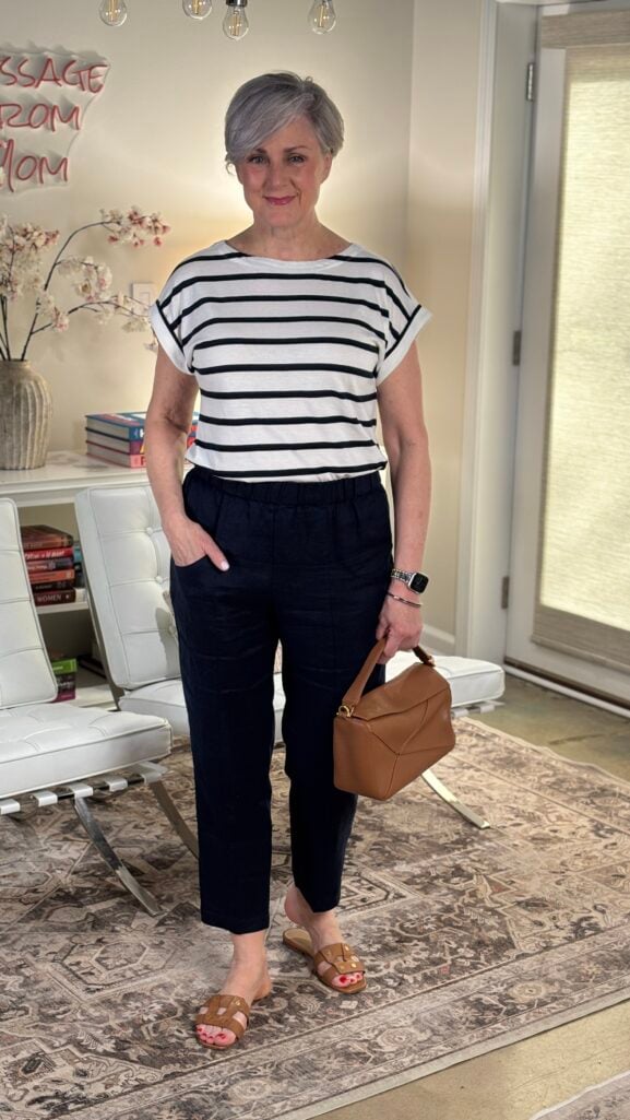 Veronica Beard Via leather slide shoe spring 2026 women over 50 outfit