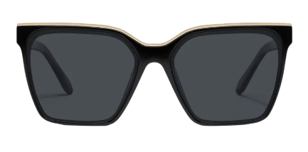 Black oversized square sunglasses with dark lenses and a gold-tone brow bar detail across the top, shown from the front.