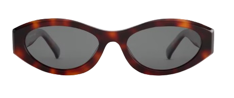 Brown tortoise acetate cat-eye sunglasses with grey polarized lenses, shown from the front.