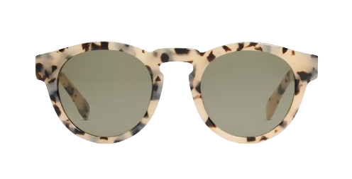 White tortoise acetate sunglasses with a rounded cat-eye shape and green polarized lenses, shown from the front.