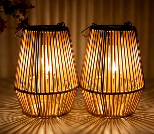 Solar Wicker LED Lanterns — Set of 2