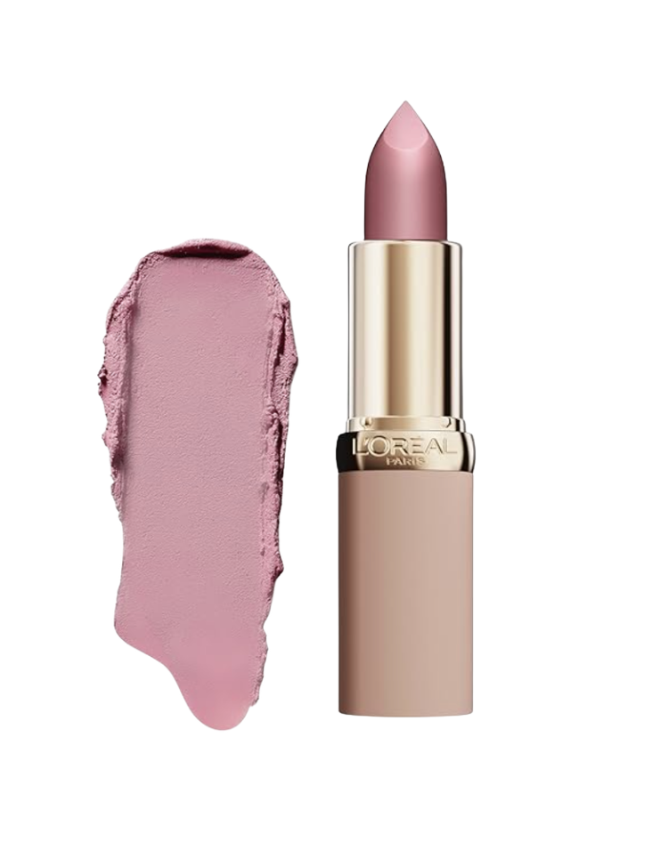 L'Oréal Paris Color Riche lipstick in a rose-mauve shade with a creamy satin finish, shown upright beside a color swatch on a white background — a flattering spring lip color for women over 50.