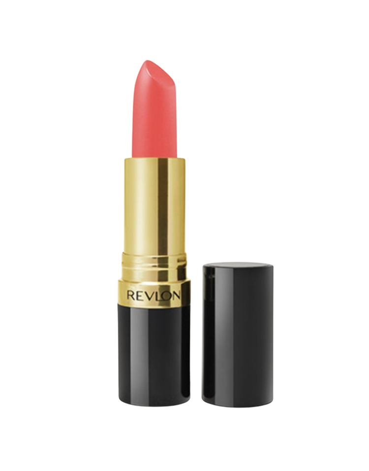 Revlon Super Lustrous lipstick in a warm coral shade shown in the classic black and gold tube with cap removed on a white background — a bright, creamy spring lip color for women over 50.