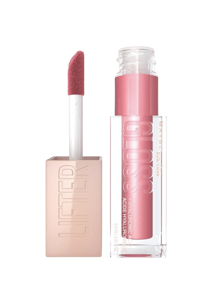 Maybelline Lifter Gloss in a blush pink shade shown open with applicator wand extended beside the clear pink packaging on a white background — a hydrating, plumping lip gloss ideal for mature lips over 50.