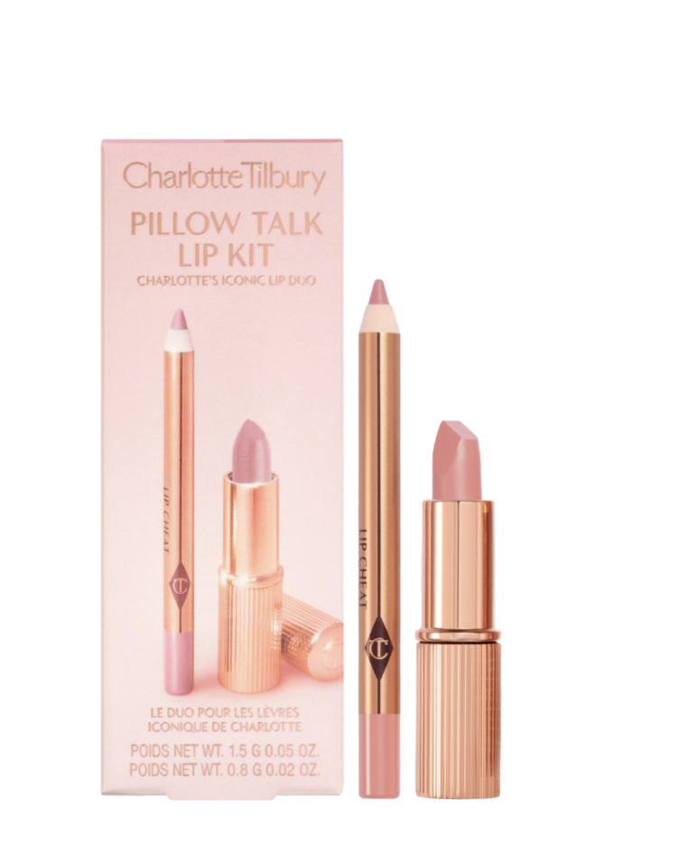 Charlotte Tilbury Pillow Talk Lip Kit showing the iconic lip liner pencil and mini lipstick in the signature peachy-nude shade, displayed beside the blush pink gift box packaging on a white background — a Sephora splurge pick and universally flattering spring lip color for women over 50.