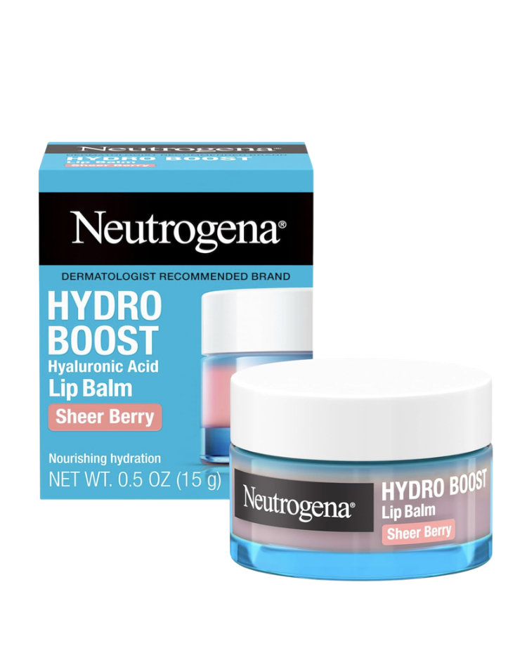 Neutrogena Hydro Boost Hyaluronic Acid Lip Balm in Sheer Berry, shown in the round jar with white lid beside the teal and black product box on a white background — a dermatologist-recommended hydrating lip balm with soft berry color for mature lips over 50.