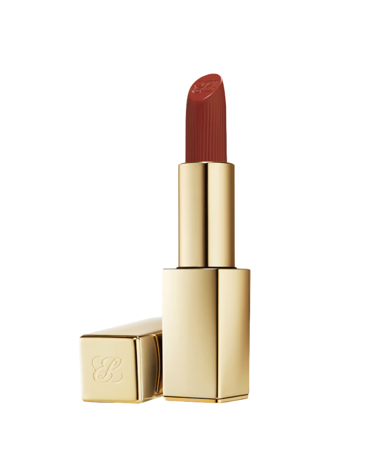 Estée Lauder Pure Color lipstick in a warm brick-red shade shown in the signature gold square case with cap off on a white background — a sophisticated soft red lip color for women over 50, available at Nordstrom.
