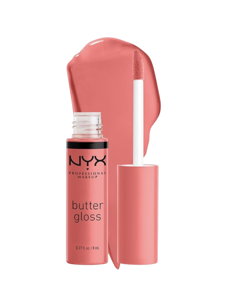 NYX Professional Makeup Butter Gloss in a warm peachy-coral shade shown open with applicator wand extended beside the coral-colored tube with color swatch on a white background — a non-sticky, affordable spring lip gloss for women over 50.