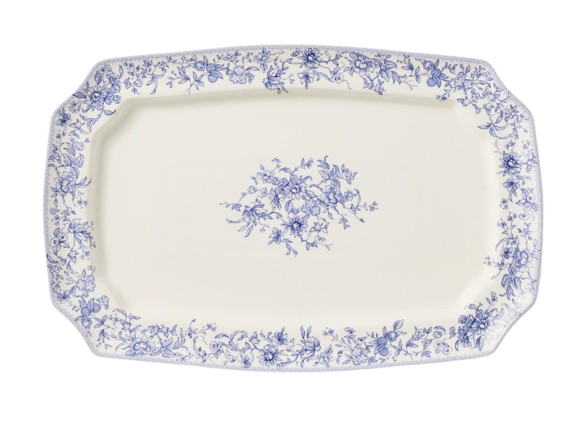 Rectangular serving platter with a classic blue and white English floral pattern, featuring delicate botanical detailing along the border and center.
