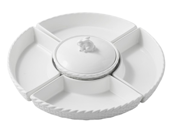 White ceramic serving dish with divided sections and a center lidded compartment topped with a sculpted bunny, perfect for snacks or appetizers.