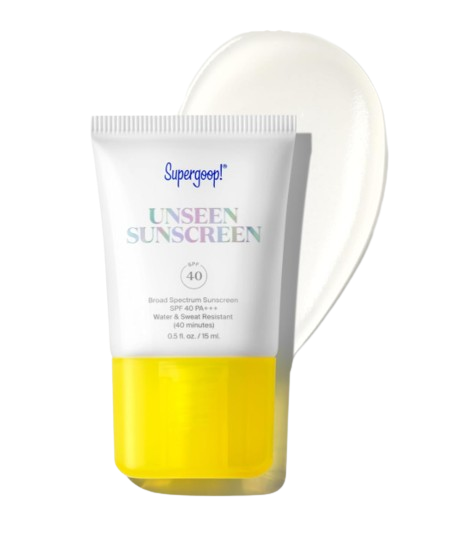 Travel-size tube of Supergoop! Unseen Sunscreen SPF 40 with clear gel texture shown beside the packaging, highlighting its lightweight, invisible finish.