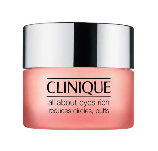 Pink jar of Clinique All About Eyes Rich eye cream designed to reduce the appearance of dark circles, puffiness, and fine lines.