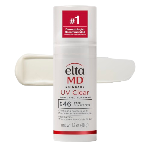 White pump bottle of EltaMD UV Clear SPF 46 sunscreen with lightweight formula, ideal for sensitive or acne-prone skin.