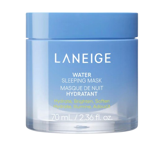 Blue jar of Laneige Water Sleeping Mask, an overnight hydrating treatment designed to moisturize, brighten, and soften skin.