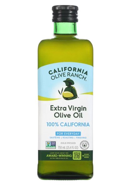 Green glass bottle of extra virgin olive oil with a light blue label, labeled 100% California and designed for everyday cooking and finishing.