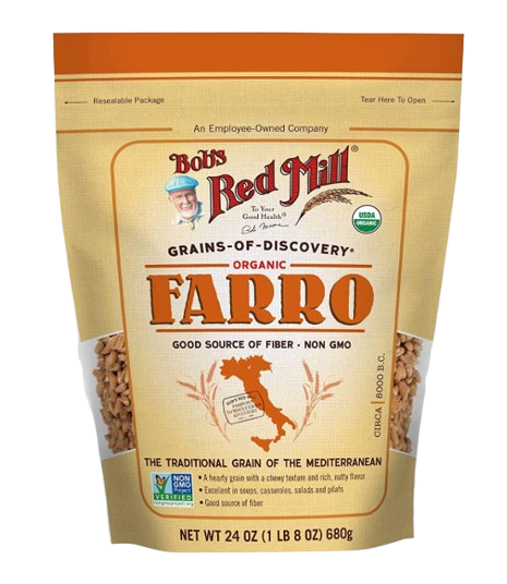 Resealable bag of organic farro grains with a tan and orange label, highlighting whole grain Mediterranean farro and fiber content.