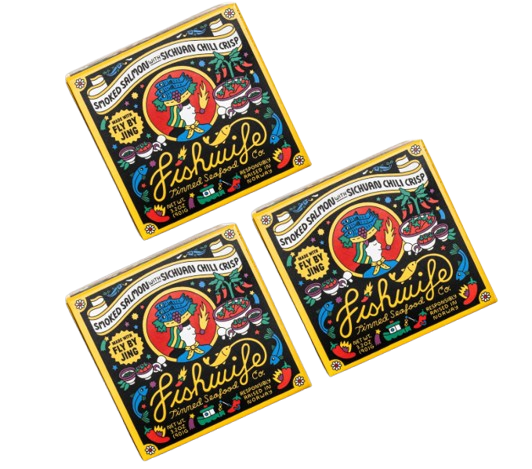 Three colorful boxes of Fishwife smoked salmon with Sichuan chili crisp, featuring bold illustrated packaging with vibrant graphics and gold trim.