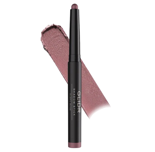 Cream eyeshadow stick in dusty rose shade with matte finish, shown as a twist-up pencil with a soft mauve-pink swatch beside it.