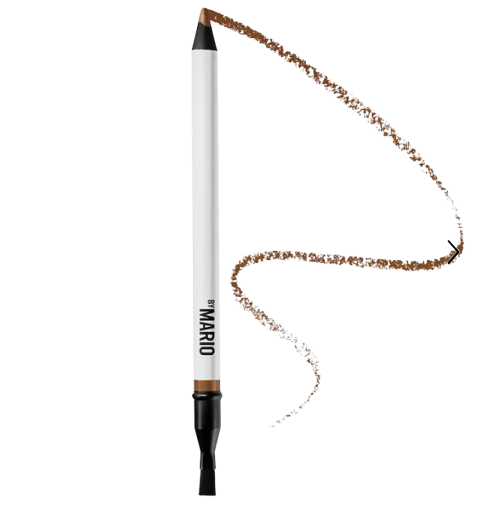 Dual-ended eyeliner pencil in metallic bronze shade with creamy texture, shown with a rich bronze swatch and built-in smudge brush on the opposite end.