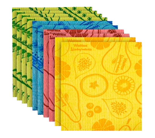 Set of colorful reusable Swedish dishcloths with assorted patterns, designed for absorbent, eco-friendly kitchen cleaning.