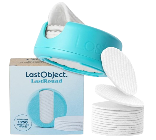 Reusable cotton rounds stacked beside a teal storage case, designed as an eco-friendly alternative to disposable makeup remover pads.