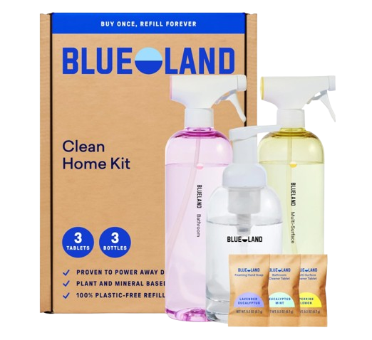 Blueland Clean Home Kit with three reusable spray bottles in pastel colors, foaming hand soap dispenser, and refill tablets in minimal packaging.