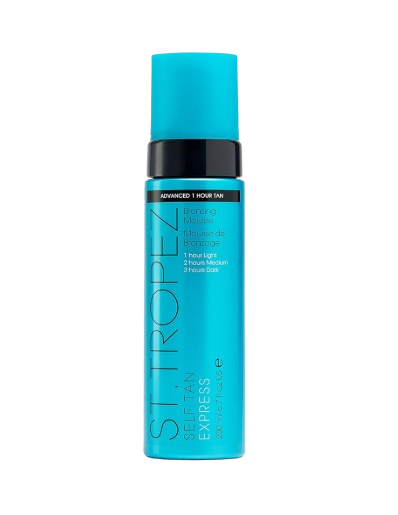 Turquoise aerosol can of express self-tanning mousse that develops in as little as one hour for adjustable bronze depth.