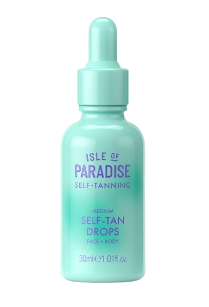 Mint green dropper bottle with medium self-tan drops for face and body, designed for buildable, customizable color.