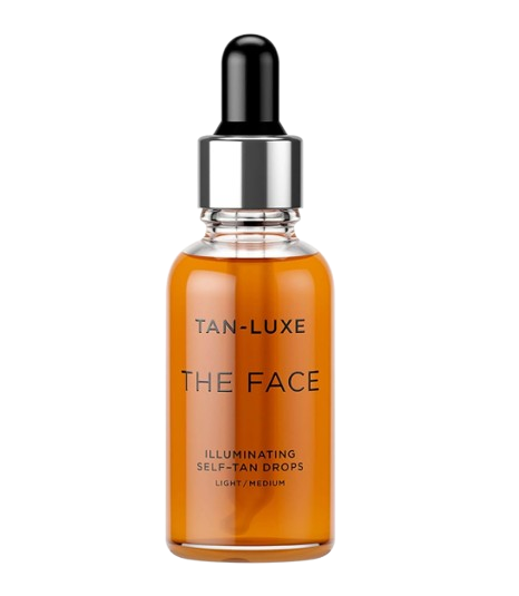 Amber glass bottle with dropper applicator containing facial tanning drops designed to blend into moisturizer for a natural glow.
