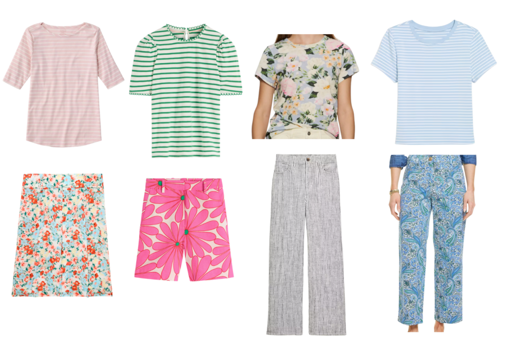 Collage of eight summer pattern-mixing pieces for women over 50, including a blush pink striped elbow-sleeve tee, a green and white striped puff-sleeve tee with scallop trim, a lavender and white large floral twist-front tee, a powder blue and white classic striped tee, a light blue and red ditsy floral mini skirt, bold pink oversized daisy print Bermuda shorts with green button detail, navy and white vertical seersucker stripe wide-leg trousers, and blue and green paisley print wide-leg pants — a shoppable edit of tops and bottoms that demonstrate how to mix prints and patterns over 50.