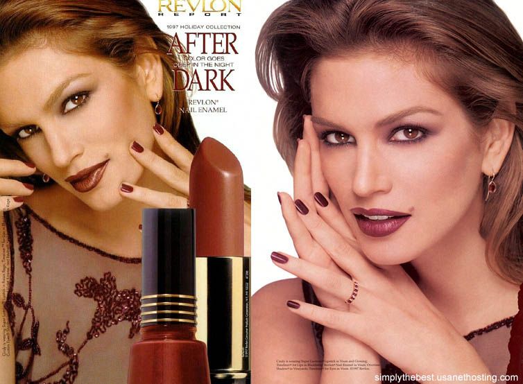 Vintage Revlon Report 1997 Holiday Collection After Dark advertisement collage featuring Cindy Crawford in two looks — one with deep brick-brown lip and matching nails, one with dark plum-wine lips, alongside a close-up of Revlon black and gold lipstick tube and nail enamel bottle