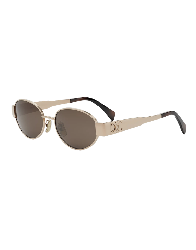 Celine Triomphe Metal 01 sunglasses in gold with brown lenses and tortoiseshell tips — slim '90s oval designer sunglasses
