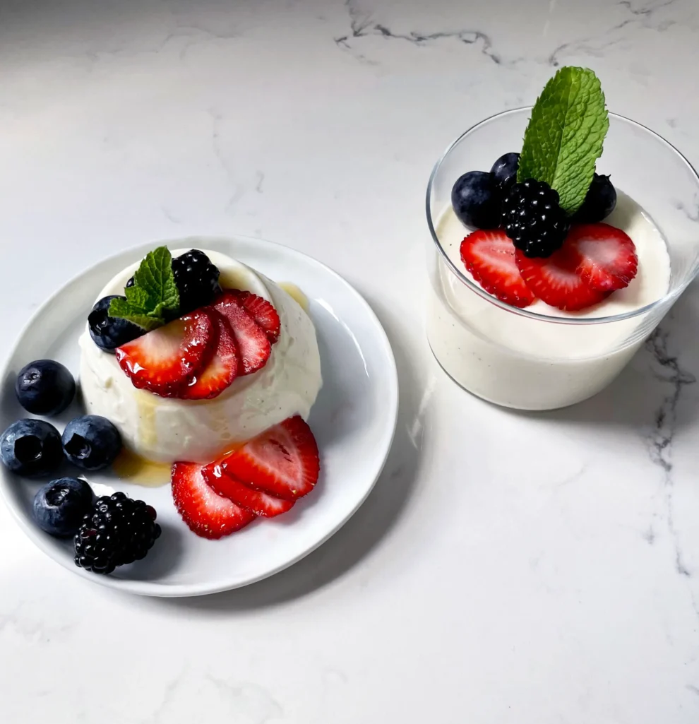 Two buttermilk vanilla panna cottas on a marble surface: one unmolded on a small white plate topped with strawberries, blueberries, blackberries, and mint, and one served in a clear glass topped with fresh berries and mint